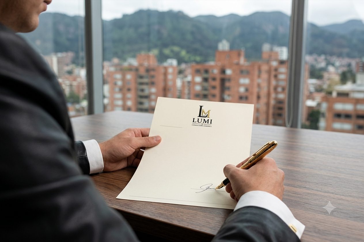 Firma de documento con membrete LUMI frente a la vista de Bogotá
