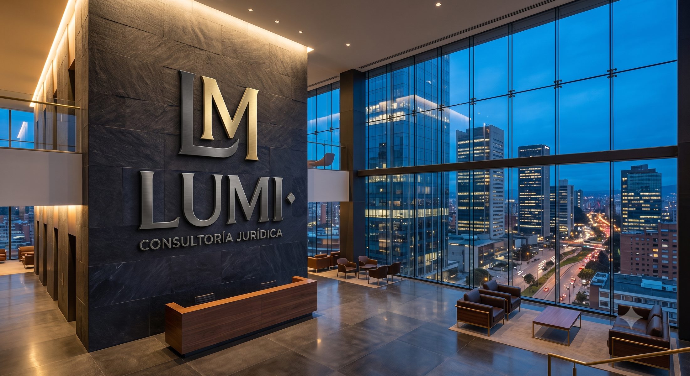 Lobby de LUMI con el logo en el muro de piedra