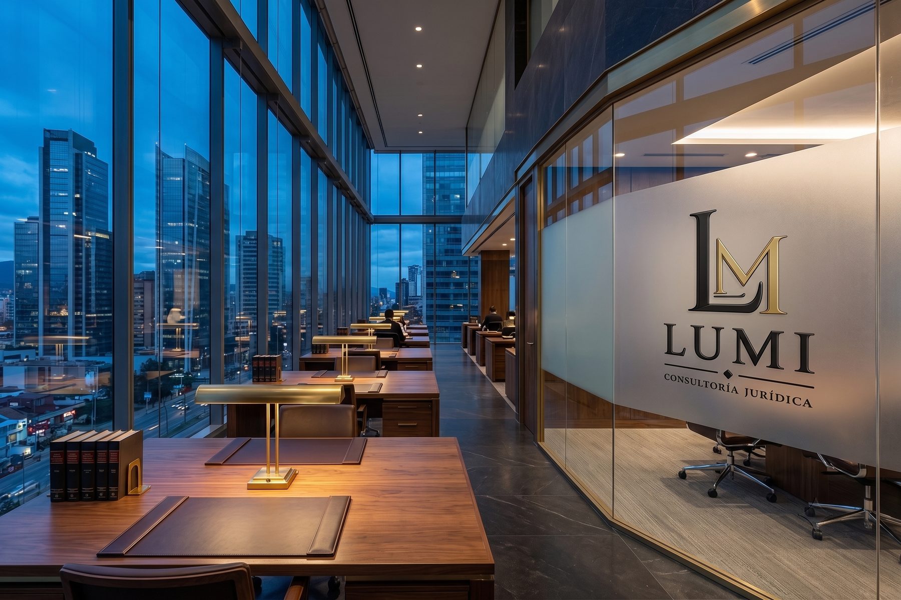 Oficinas de LUMI con el logo en vidrio esmerilado y el distrito financiero de Bogotá